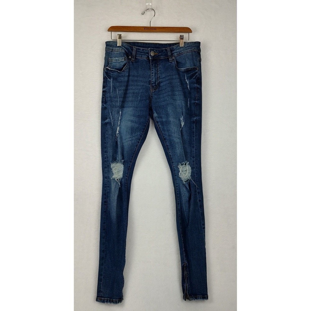 YOUNGLA Distressed Ripped Knee Skinny Jeans Zipper Ankle Blue 32x32‎